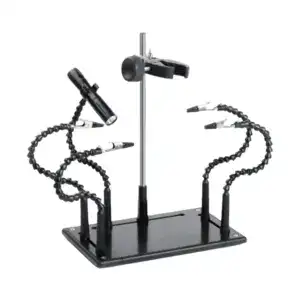 Third hand soldering tool with adjustable arms and clips for precise electronic component assembly and repair. Ideal for soldering, circuit board work, and DIY electronics projects.