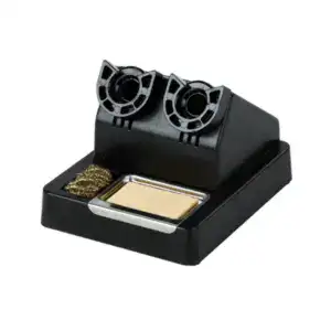 Soldering station with dual tips, solder wire, and cleaning sponge for electronics repair and soldering projects.