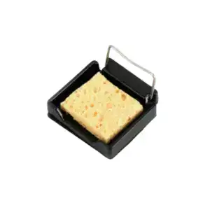 Cleaning sponge with metal handle in black plastic holder.