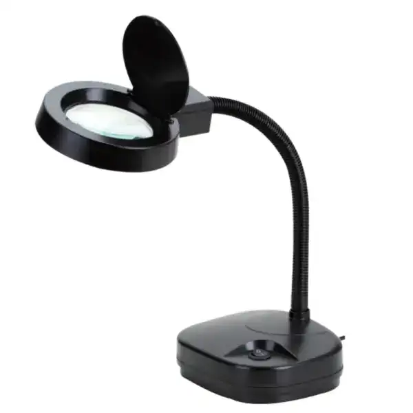 Magnifying lamp with soldering iron holder for detailed electronic work.