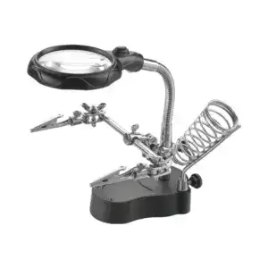 Magnifying glass soldering iron stand for precise electronics work.