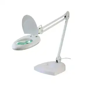 Precision magnifying glass with LED lighting for detailed SMD soldering work, featuring adjustable arm and illuminated lens for electronics repair and inspection.