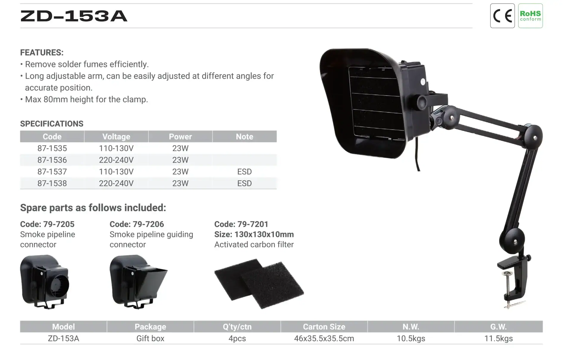 High-efficiency solder fume extractor with adjustable arm and activated carbon filter for safe soldering environments.