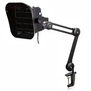 Emergency vehicle warning light with adjustable arm and mounting clamp for safety and visibility.