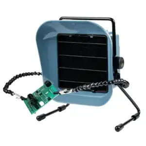 Compact solder smoke absorber with fan and filter for safe soldering environment. Ideal for electronics workstations to remove harmful fumes efficiently.