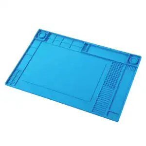 Blue silicone soldering mat with compartments for tools and components, ideal for electronics soldering and repair work.