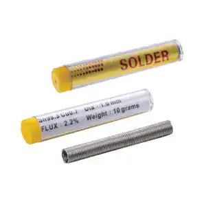Close-up of lead-free soldering wire in a tube, used for electronic soldering, with specifications on diameter and weight.