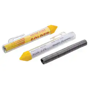 Close-up of 63/37 solder wire and tube set for electronics soldering, including a yellow solder marker and a metal tube for wire storage.