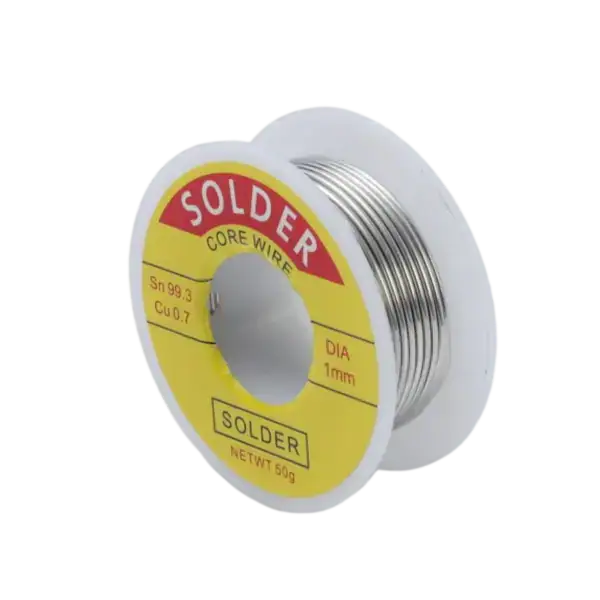 Copper soldering wire coil for electronics and electrical soldering projects, 1mm diameter, 50g spool, ideal for circuit board repairs and soldering tasks.