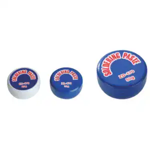 Three containers of soldering paste in white and blue, labeled "Soldering Paste" with weights 20g, 40g, and 50g, used for electronic soldering and repair.