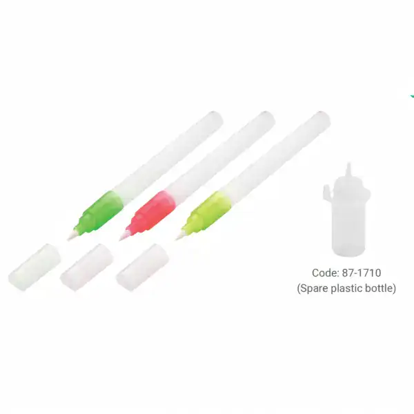 Set of three soldering flux pens with green, pink, and yellow tips, plus a spare plastic bottle for electronic soldering and circuit board cleaning.