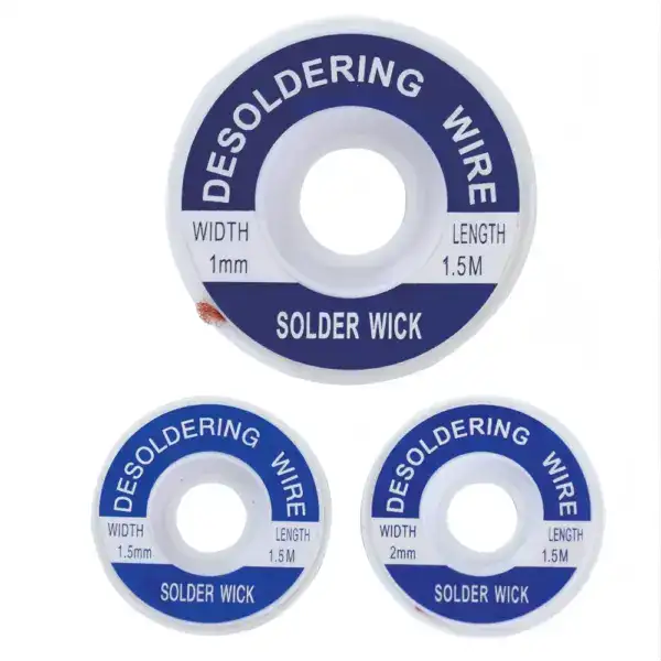 Close-up of solder wick desoldering wire spools with different widths (1mm and 2mm) and a length of 1.5 meters, used for removing solder from electronic components.
