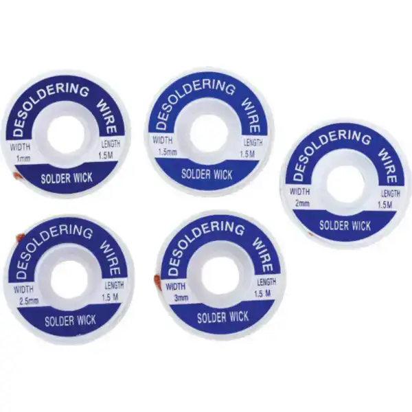 Assorted solder wick desoldering wires with different widths for electronic solder removal and circuit repair.