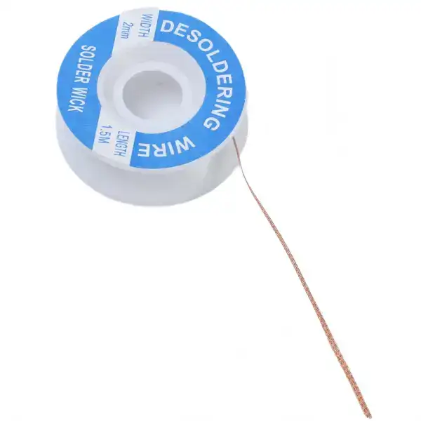 Close-up of solder wick desoldering braid used for removing solder from electronic circuit boards.