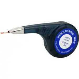Desoldering wick braid for removing solder from electronic components, featuring a 2.0mm width and 1.5m length, made in China, ideal for precise soldering and repair work.