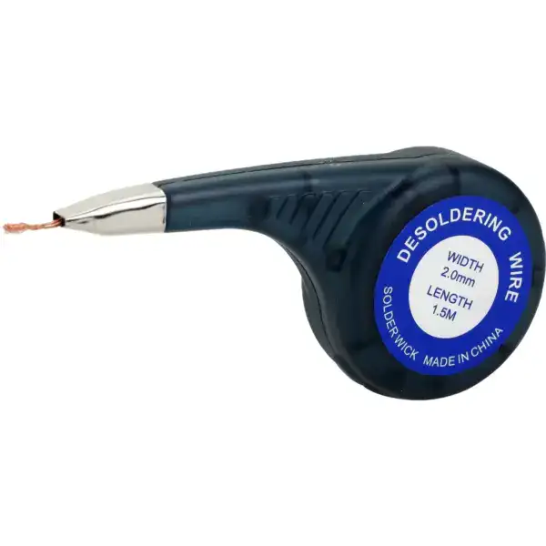 Desoldering wick braid for removing solder from electronic components, featuring a 2.0mm width and 1.5m length, made in China, ideal for precise soldering and repair work.