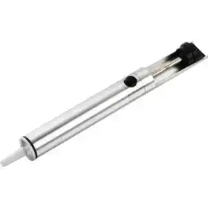 Industrial pneumatic cylinder with silver body and black end cap, used for automation and manufacturing processes.