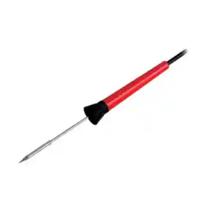 Precision electronic testing probe with red handle and sharp metal tip, ideal for circuit diagnostics and repairs.