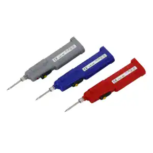 Battery-powered soldering irons in gray, blue, and red for portable electronics repair.