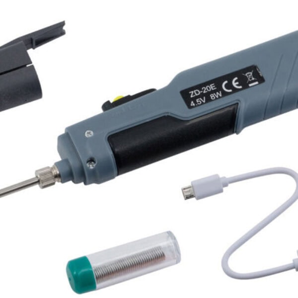 Portable battery-powered soldering iron with USB charging cable and replacement tip, ideal for precise electronic soldering tasks. Compact and easy to use for DIY and professional electronics work.