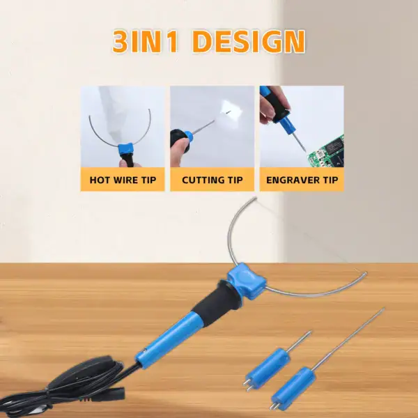 An image showcasing a hot wire foam cutter with a 3-in-1 design, including hot wire tip, cutting tip, and engraver tip, along with additional replacement wires and tools on a wooden surface.