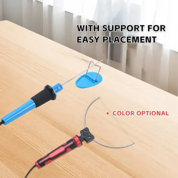 Close-up of a hot wire foam cutter with a support stand for precise foam cutting, featuring a blue handle and red grip, ideal for crafting and insulation projects.