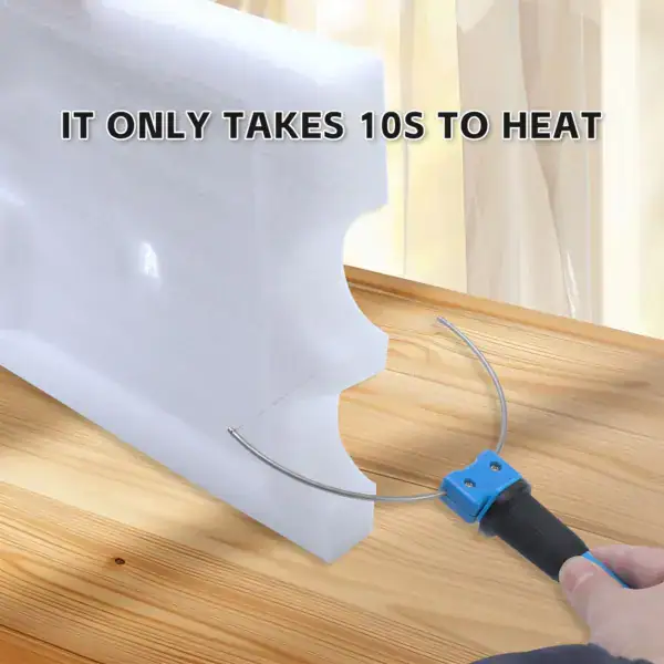 Close-up of a hot wire foam cutter shaping a piece of foam on a wooden surface, demonstrating quick heating and precise cutting for DIY projects.