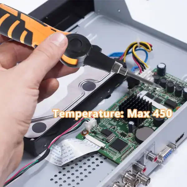 Soldering iron used for electronic repair and circuit board soldering, featuring cordless, rechargeable design for precision work. Ideal for DIY electronics projects and professional repairs.