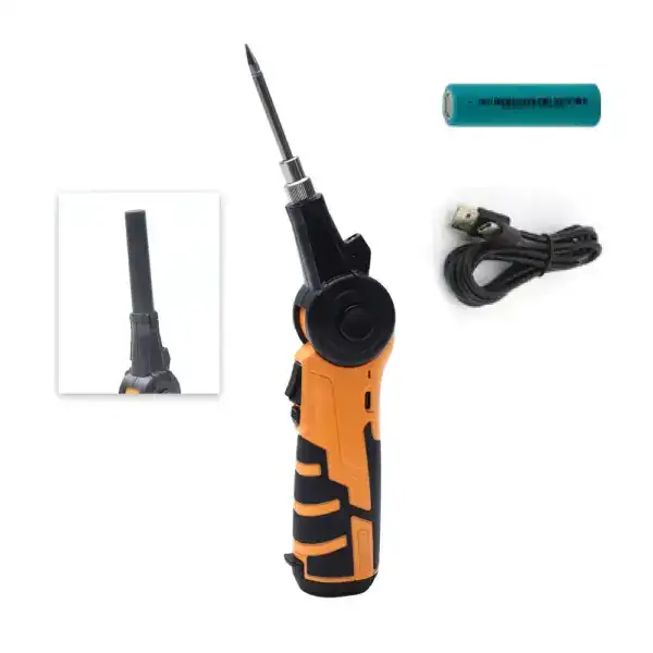 Rechargeable cordless soldering iron with USB charging cable and replaceable battery, ideal for electronics repair and DIY projects. Compact, portable, and easy to use.