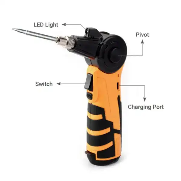 Rechargeable cordless soldering iron with LED light, pivot, switch, and charging port for versatile electronics and DIY soldering tasks.