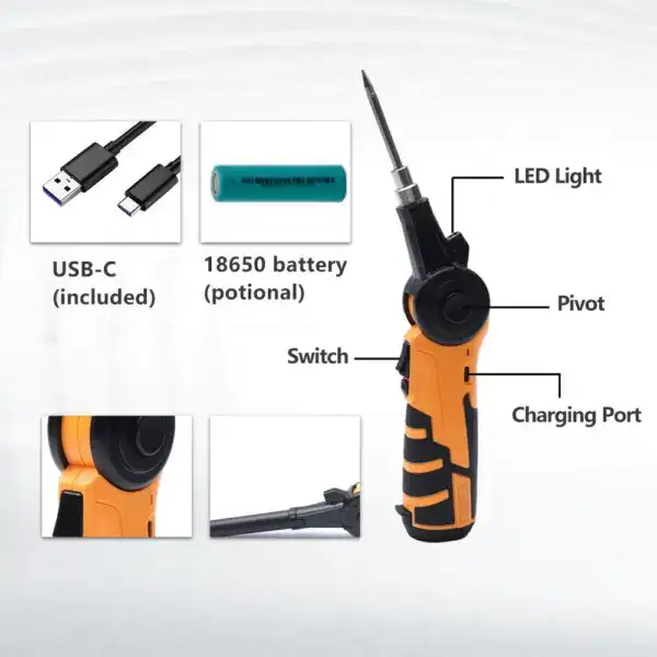 High-quality cordless soldering iron with LED light, pivot, and charging port for precise electronic repairs. Includes USB-C charging cable and 18650 battery for convenient, on-the-go soldering tasks.