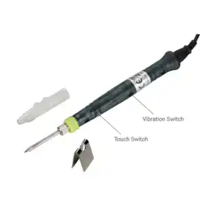 USB soldering iron with vibration and touch switches, includes stand and replacement tip, ideal for precise soldering tasks and electronics repair.