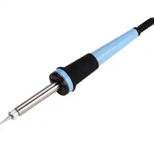 Soldering iron used for electronics soldering, featuring a metal tip, insulated handle, and power cord, ideal for circuit board assembly and electronic component soldering.