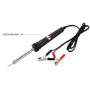 Portable soldering iron with LED indicator and clip for easy use.