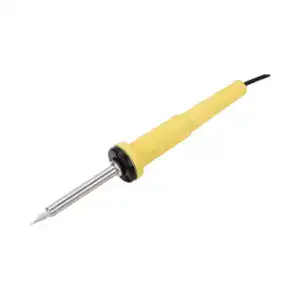 Soldering iron for small electronics with yellow handle and fine tip, ideal for precise soldering tasks in electronics repair and assembly.
