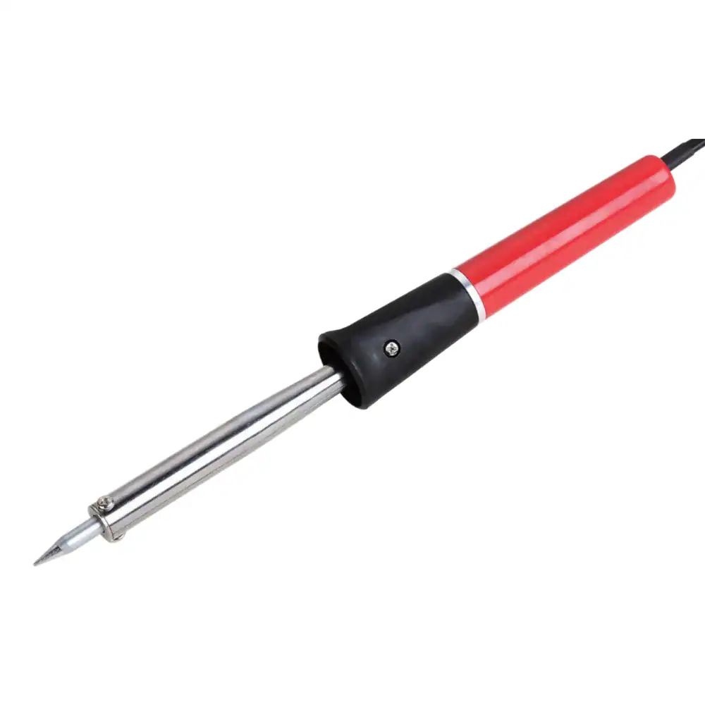 Welding torch with red handle and metal nozzle, suitable for industrial welding applications. Durable and precise tool designed for professional metalwork and fabrication tasks.