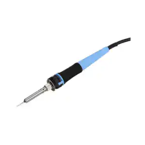 Precision soldering iron with metal tip for electronic repairs and circuit board work, featuring ergonomic design and heat-resistant handle for safe, accurate soldering.