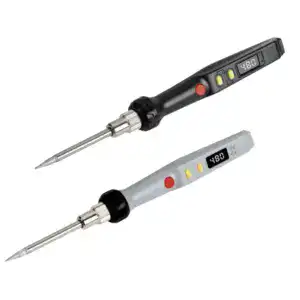 Portable digital soldering iron with adjustable temperature display, ideal for electronics repair and DIY projects, featuring ergonomic design and precise heat control.