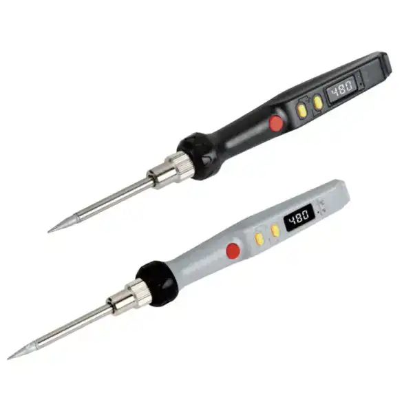 Portable digital soldering iron with adjustable temperature display, ideal for electronics repair and DIY projects, featuring ergonomic design and precise heat control.