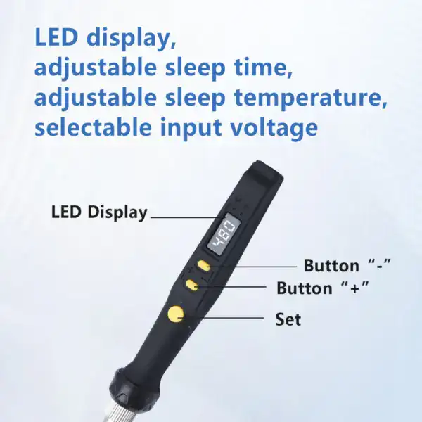 Compact portable soldering iron featuring an LED display, adjustable sleep time, temperature control, and input voltage options for precise soldering tasks.