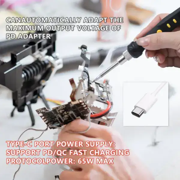 Hand using portable soldering iron on circuit board, highlighting precision and ease of use for electronics repair and DIY projects.