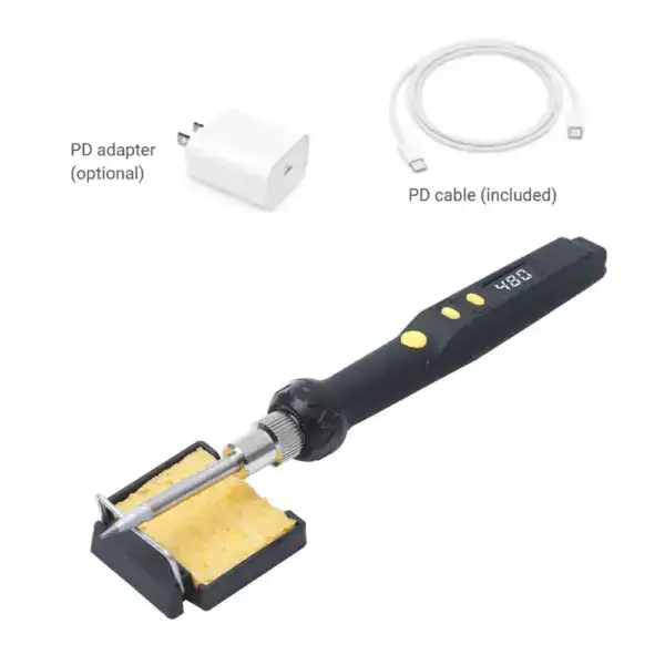 High-quality portable soldering iron with digital temperature control, ideal for electronics repair, DIY projects, and precise soldering tasks. Includes power cable and optional PD adapter.