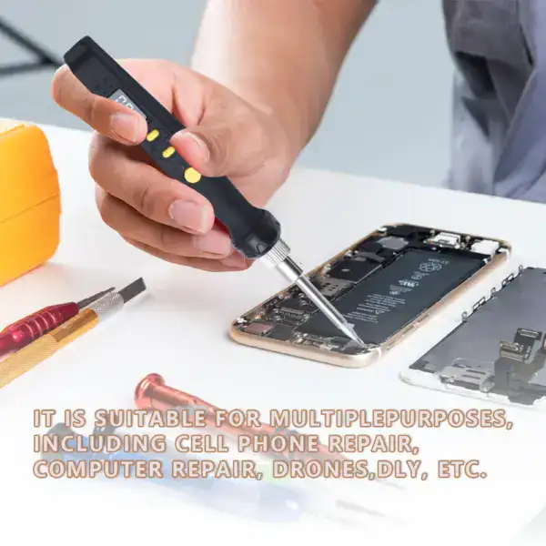 Hand holding a portable soldering iron repairing a smartphone with open back cover, suitable for cell phone repair, electronics, and DIY projects.