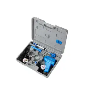 Soldering gun kit with accessories in a plastic case, ideal for electronics repair and DIY projects. Includes soldering gun, stand, and various tools for precise soldering work.