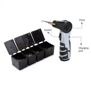 High-quality plastic welding heat gun with adjustable temperature, pivot, and charging port for efficient plastic repairs and welding projects. Comes with a convenient storage box for accessories.
