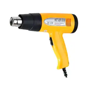 Yellow hot air gun with black nozzle used for crafts, heat shrinking, and DIY projects, featuring thermo control and electronic heat regulation.