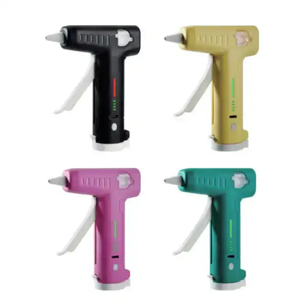 Vibrant-colored Zhongdi hot glue guns in black, yellow, pink, and teal, ideal for crafts, DIY projects, and home repairs, featuring ergonomic design and easy-to-use trigger mechanism.