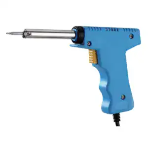Soldering gun with blue handle and metal tip, ideal for electrical wiring, circuit board soldering, and electronic component assembly.