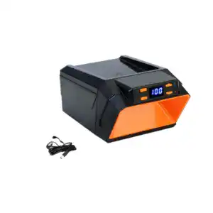 High-tech laser printer featuring a digital display showing "100" and a sleek black and orange design, ideal for professional printing needs.
