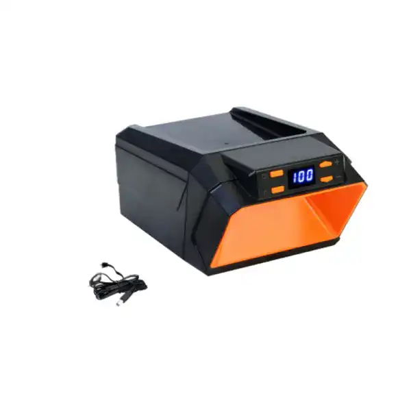 High-tech laser printer featuring a digital display showing "100" and a sleek black and orange design, ideal for professional printing needs.